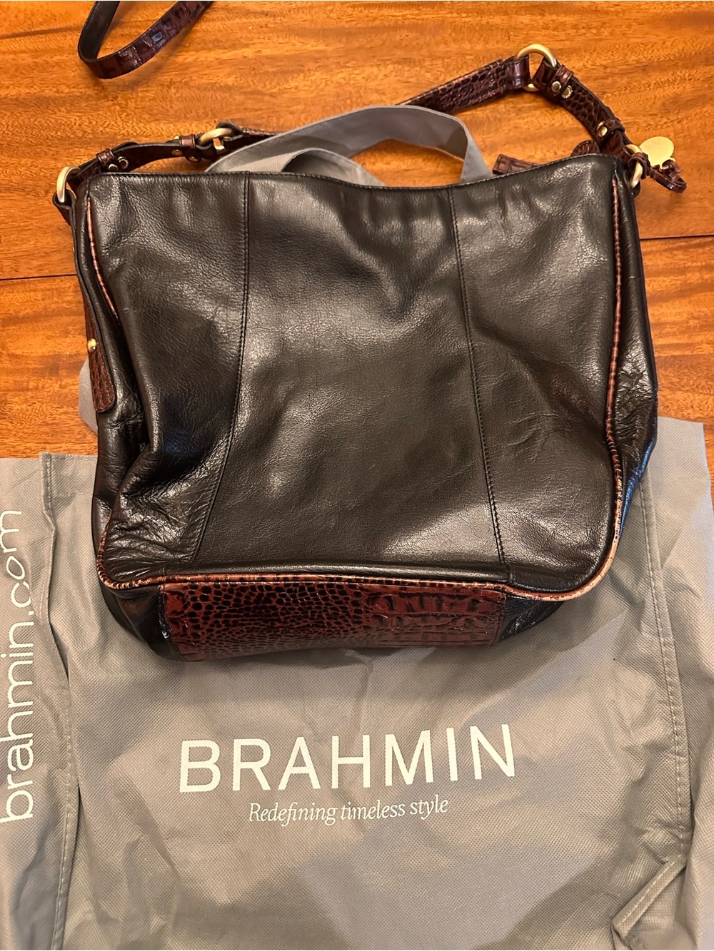 Brahmin Black Leather Shoulder Bag with Brown Croc Trim